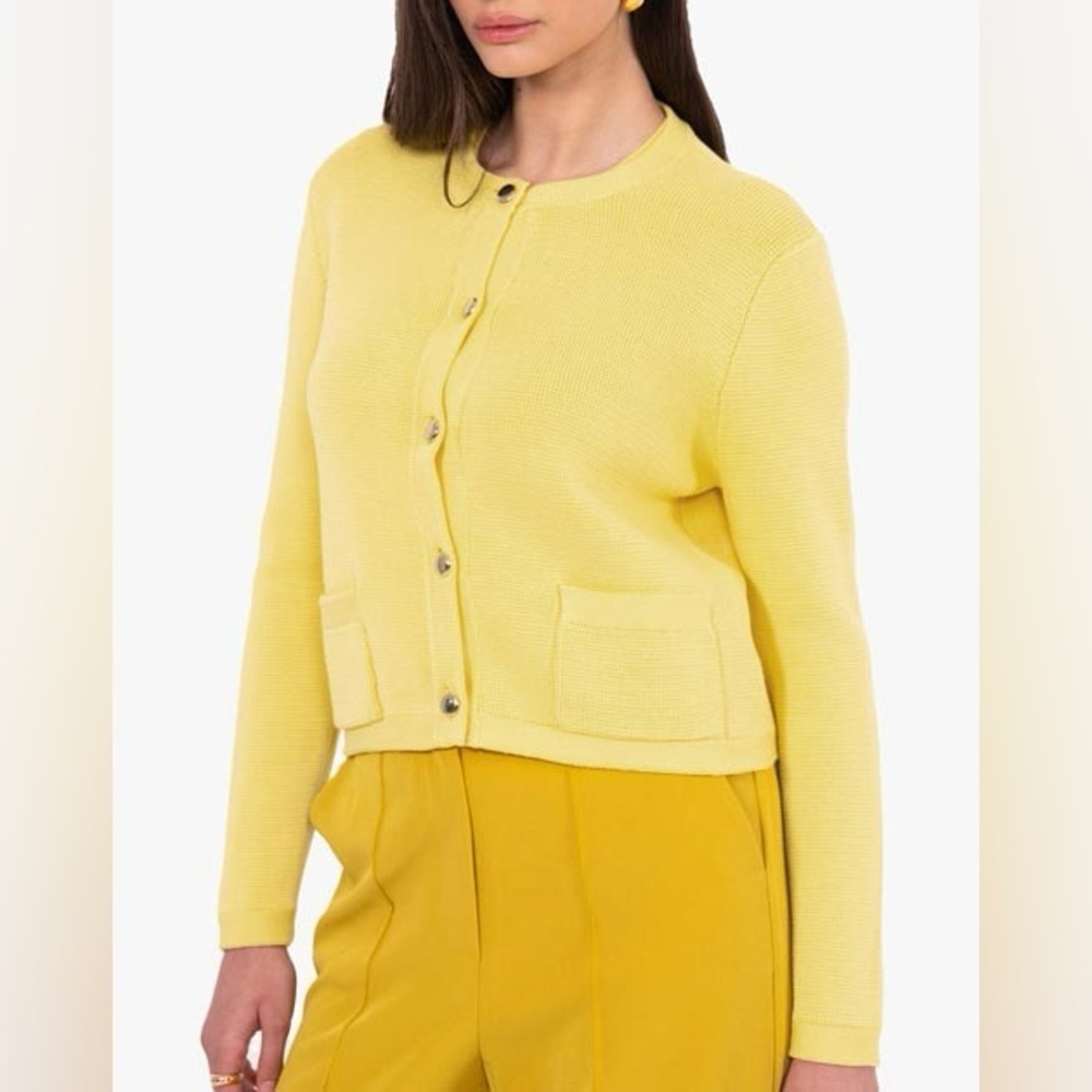 Sincerely Jules size Large Yellow ribbed button up Sweater gold hardware pockets